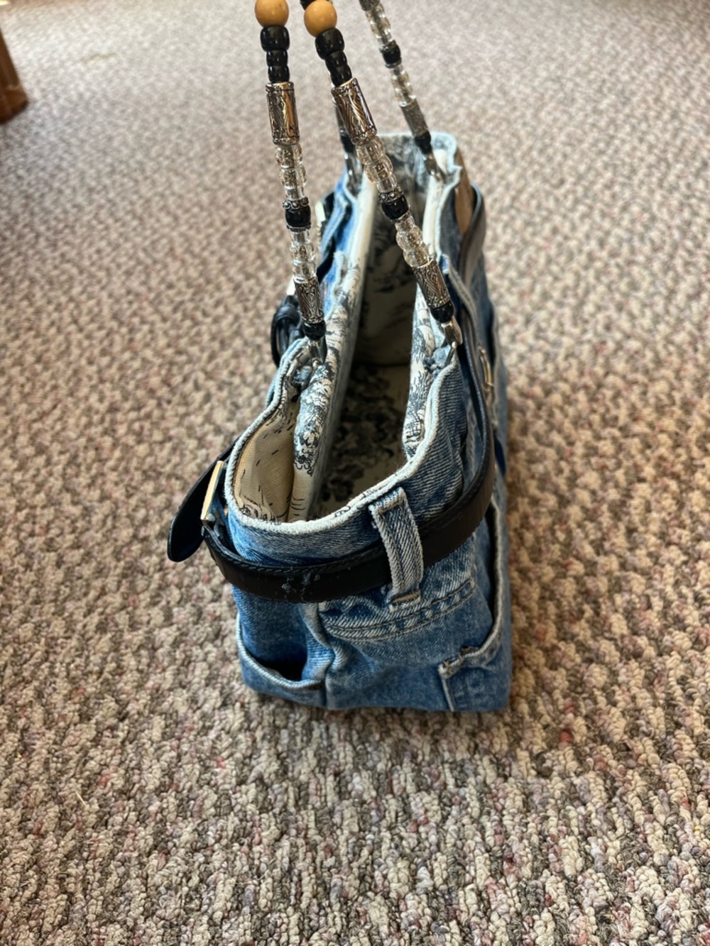 Vintage Y2K Bootie Bag Upcycled Denim Jean Bag Belt Beaded Handle Lined Purse - Picture 5 of 7